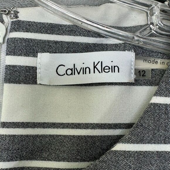 Calvin Klein Dress Womens 12 Gray White Stripe Fit & Flare Sleeveless Career - Picture 3 of 11